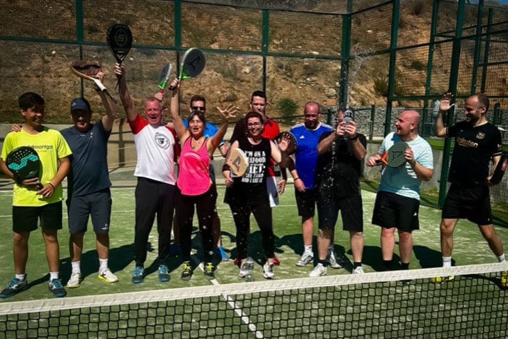Special Padel Tennis Event for Mimón business retreats at Pàdel, Montgat, Carrer Camí Ral, 155, 08390 Montgat, Barcelona, lovely happy group from the Netherlands, padel level- beginner, Alpa-management