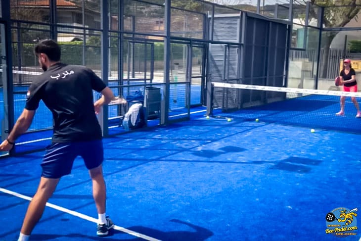 Edu Lopez teaching and training the volley to Dutch player during the Intensive Padel Clinic, Camp of eventbooking.top and bee-padel.com in, Barcelona, Padelator