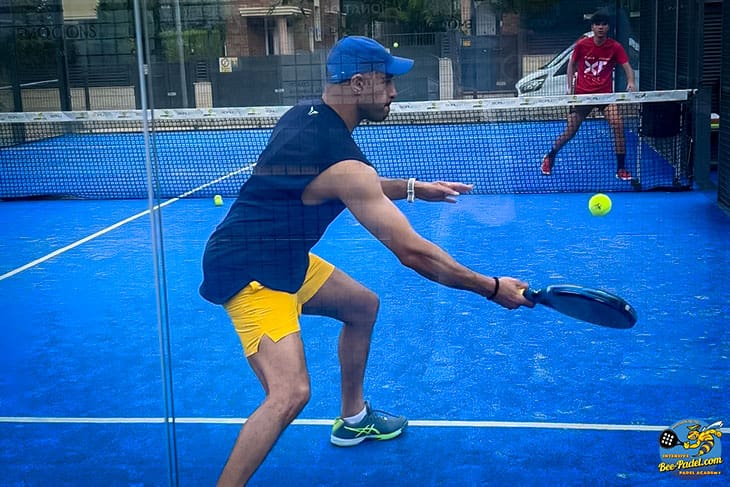 Kuwaiti padel player learning to hit a lob with padel trainer Aleix Marti during the Padel Experience at the Padel Clinic, Academy, Barcelona, Spain, Asics, Under Armour