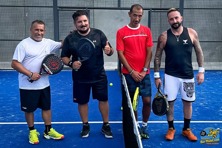 Group with winners and happy losers during match play at the Padel Clinic, Academy, Maresme, Catalunya, Barcelona, Spain, Shooter, Apache, Head, Babolat