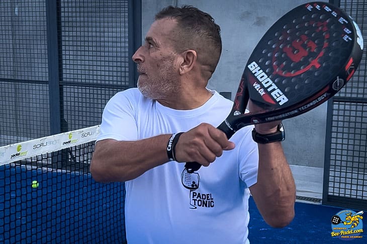 Experience the finesse of a backhand punch volley by an Italian player in the Padel Clinic, Maresme, Catalunya, Barcelona, Spain.