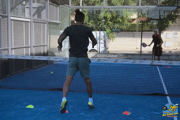 Training a Chinese player the forehand volley with Number one Padel coach Sergi Rodriguez during the Padel Clinic, Academy, Maresme, Catalunya, Barcelona, Spain of Eventbooking.top and Bee-padel