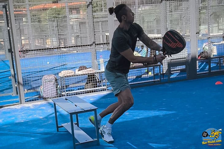 Chinese Padel enthusiast from Shanghai perfecting the forehand volley alongside top Padel coach Sergi Rodriguez Fernandez in an Intensive Padel Camp training session.