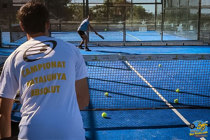 Number one Padel coach Jordi Bohigues training off-the-wall backhand during the Padel Clinic, Academy, Maresme, Catalunya, Barcelona, Spain of Eventbooking.top