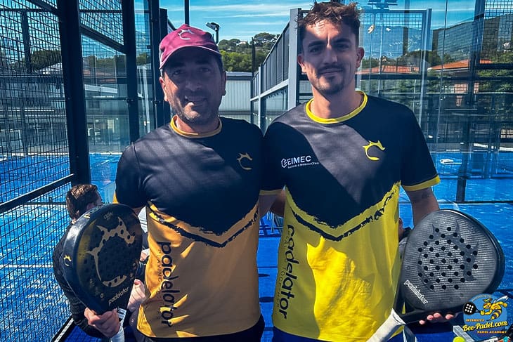 Padel trainers Juanele Antonio and Marc Niño playing with Padelator padel rackets and accessories during the Padel Clinic from The Netherlands, Academy, Maresme, Catalunya, Barcelona