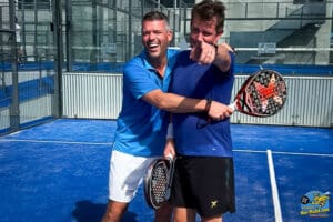 Two experienced Belgian Padel participants strive to return shots to Sergi, the world's number one Padel trainer, in the thrilling Padel Camp action.
