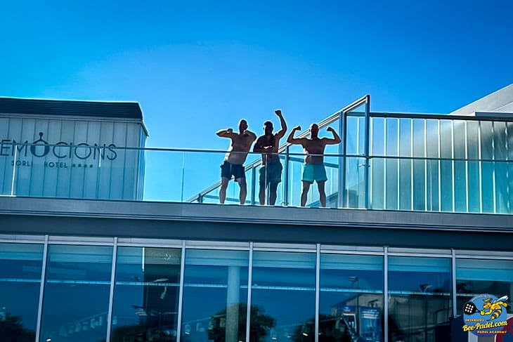 Top Padel Team NP Loodgieters from Amsterdam, The Netherlands taking a break at the rooftop infinity pool of Hotel Sorli Emocions, just 50 meters from the padel courts