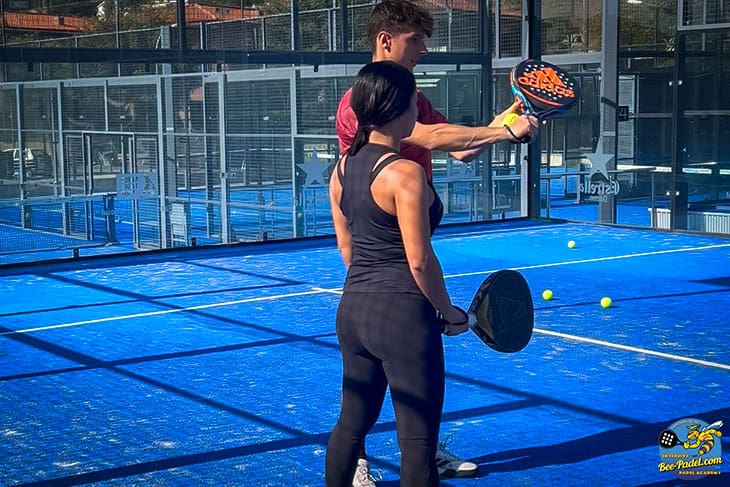 Intensive Padel Training at eventbooking.top, Padel trainer Jordi Bohigues explaining how to play backhand volley to Colombian, USA beginner at SorliSports, Barcelona, Spain, Adidas, Apache Padel