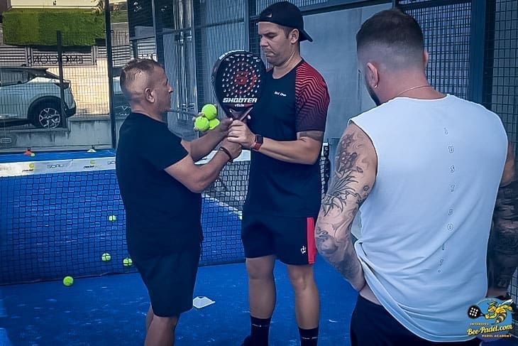 Novice Padel explaining how to hold the racket for volley, hammer grip